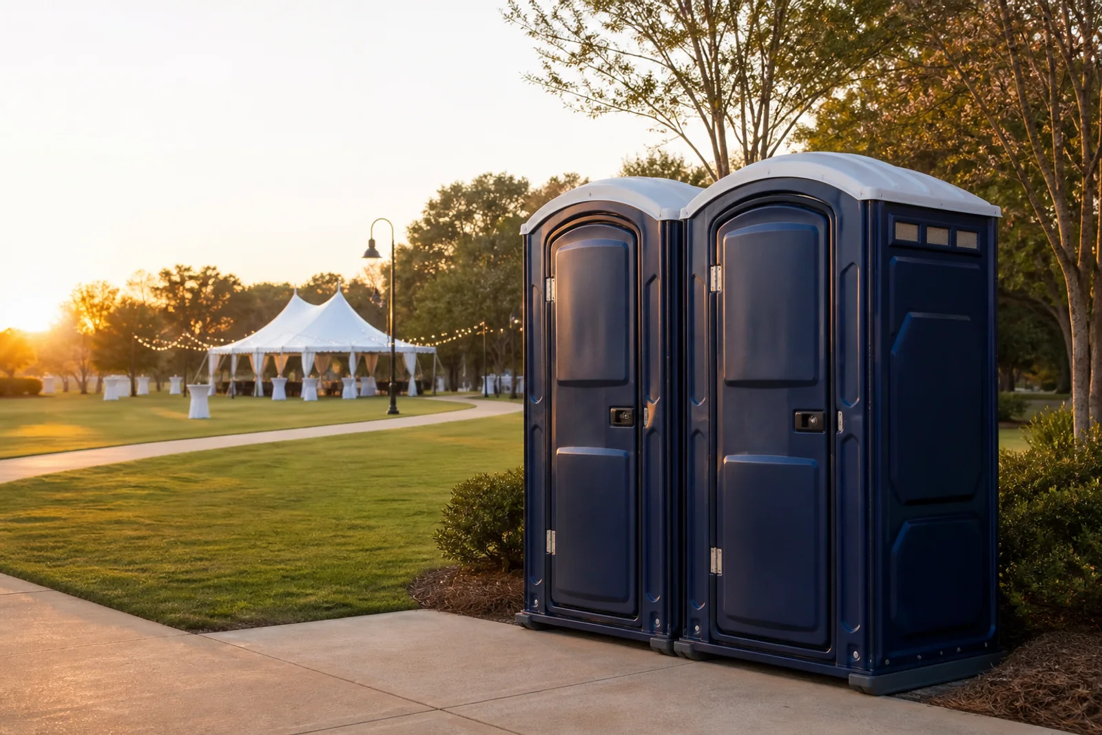 Portable restrooms arranged beside an outdoor event venue